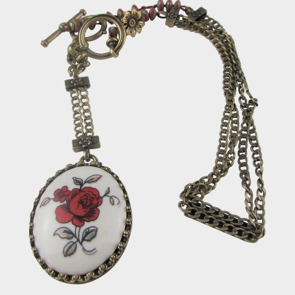 Lucky Brand Gold Necklace with Red Rose Pendant